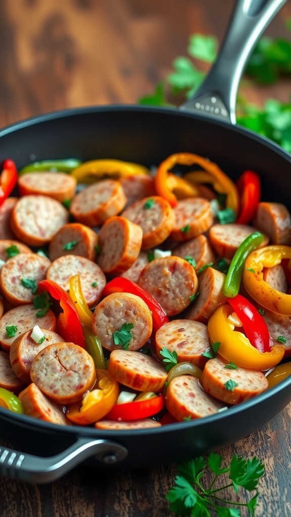 A skillet of turkey kielbasa with bell peppers and onions, garnished with parsley.